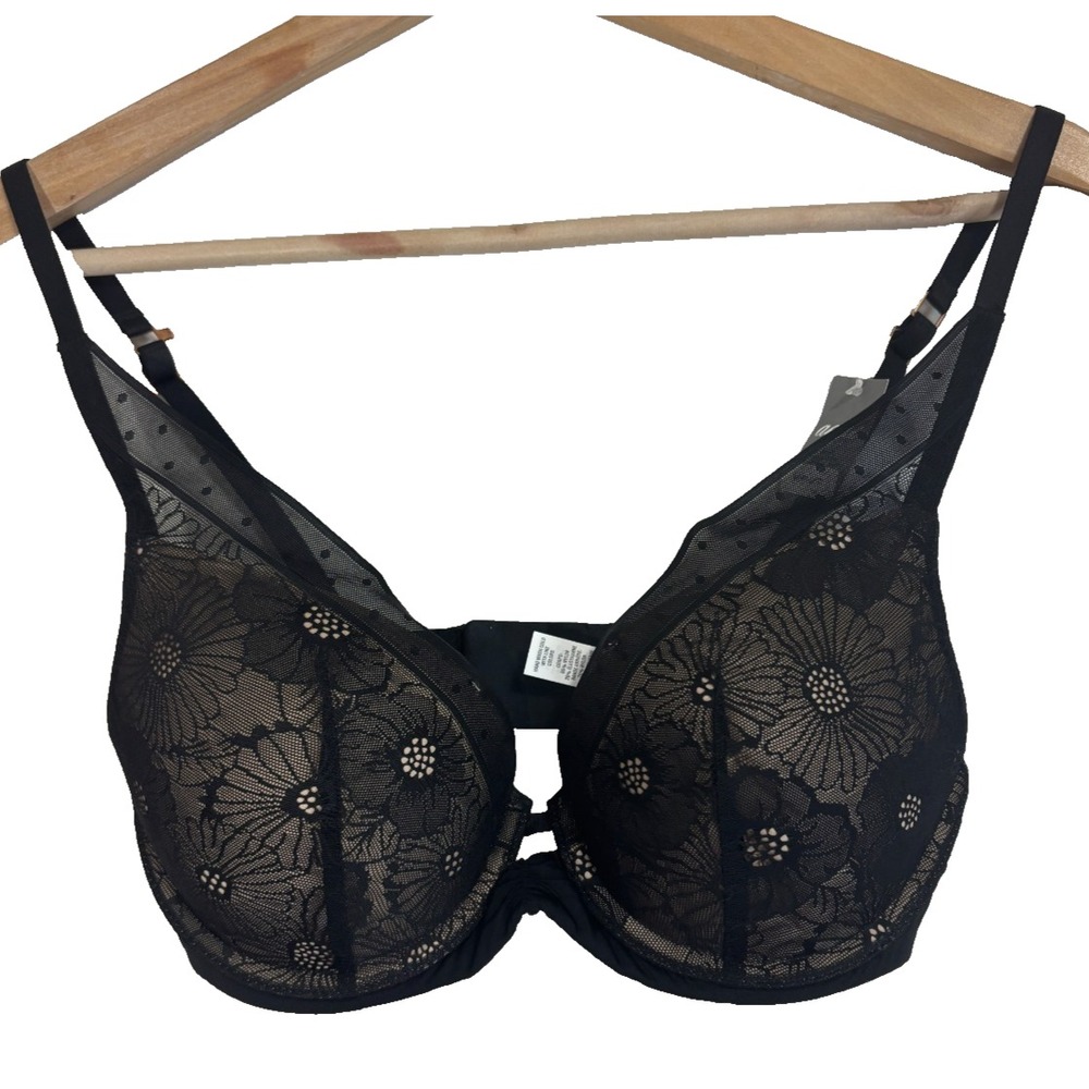 New Aerie Real Power Plunge Push-Up Bra Black Floral Lace Padded Underwire‎ 34C